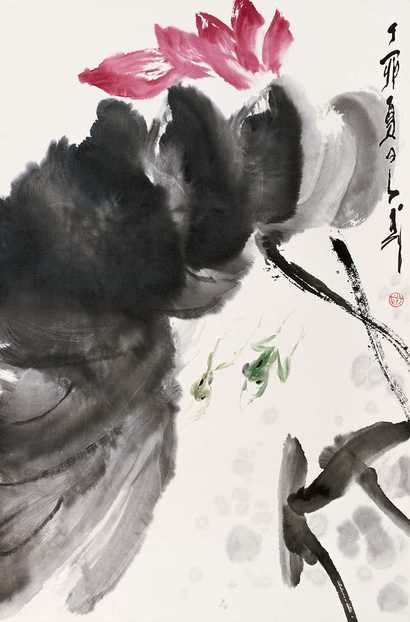 王子武 荷花青蛙 立轴